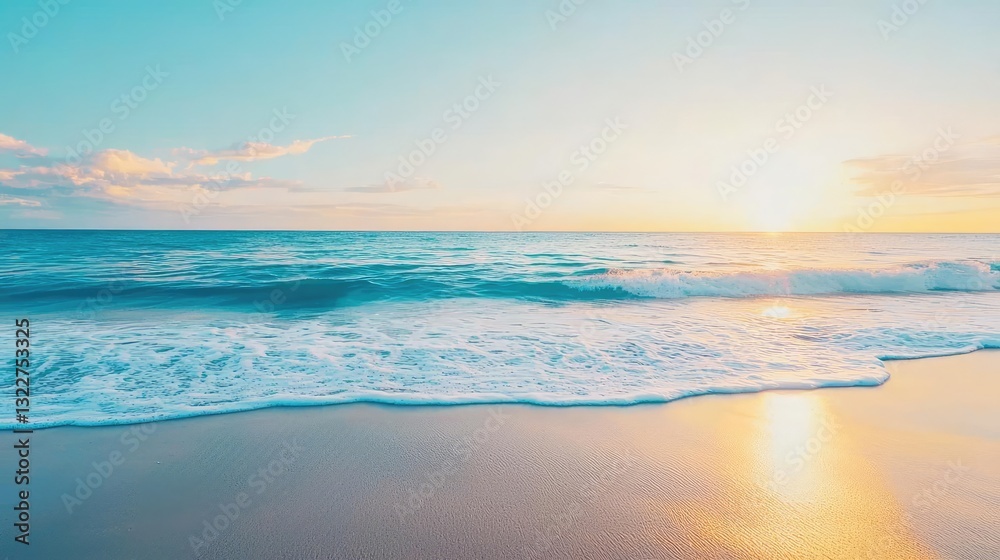 Fototapeta premium Seascape abstract background idea. Serene ocean waves gently crash on the sandy shore at sunset, creating a peaceful atmosphere.