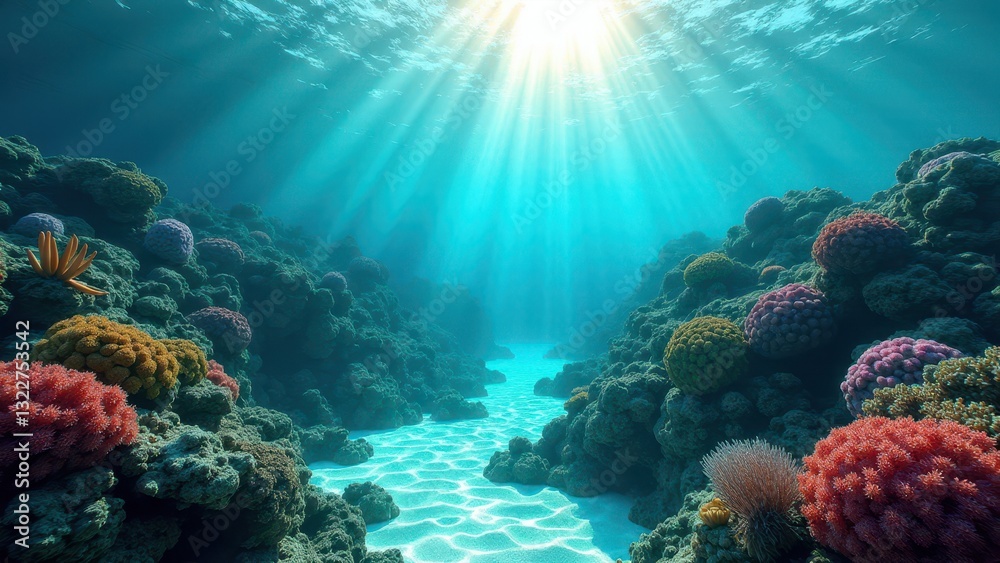 Obraz premium Sunlight streaming through clear ocean water over a vibrant coral reef ecosystem 