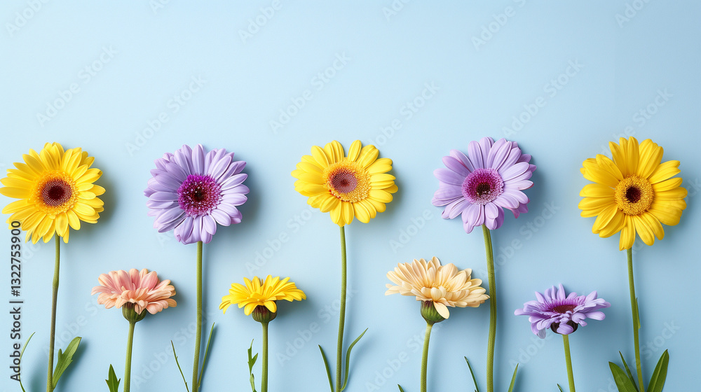 Obraz premium Flowers composition. Yellow and purple flowers on pastel blue background. Spring, easter concept. Flat lay, top view, copy space