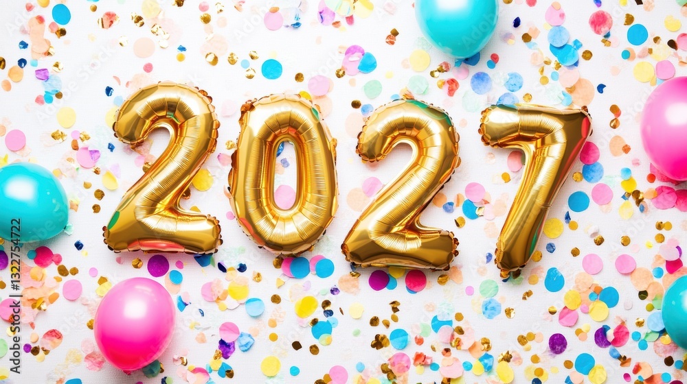 Colorful balloons and shiny confetti surround the bold numbers celebrating the arrival of 2027 in a festive setting