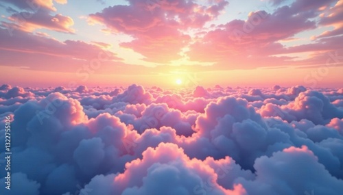 Soft pink and orange hues illuminate a sea of clouds at sunrise , sun, high, sunrise glow