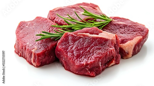 Potongan Daging Sapi Mentah Segar Rosemary Terisolasi di Latar Belakang Putih