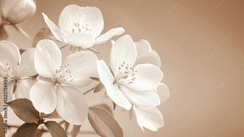 Fototapeta premium Floral illustration abstract background concept. Delicate white flowers in soft sepia tones, symbolizing purity and tranquility.