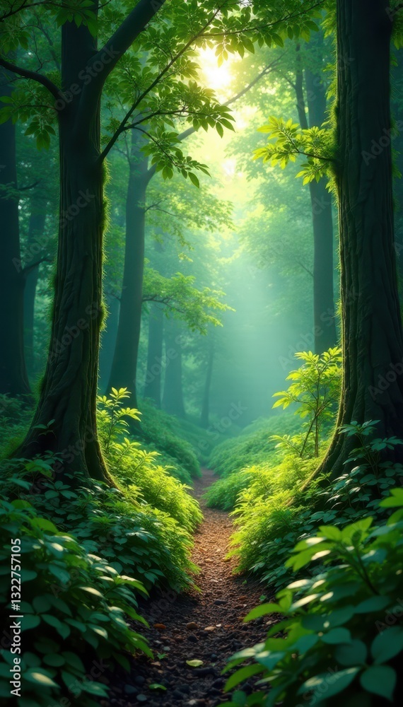 Obraz premium Dense forest, emerald canopy, sunlight dappling ground, vegetation, temperate