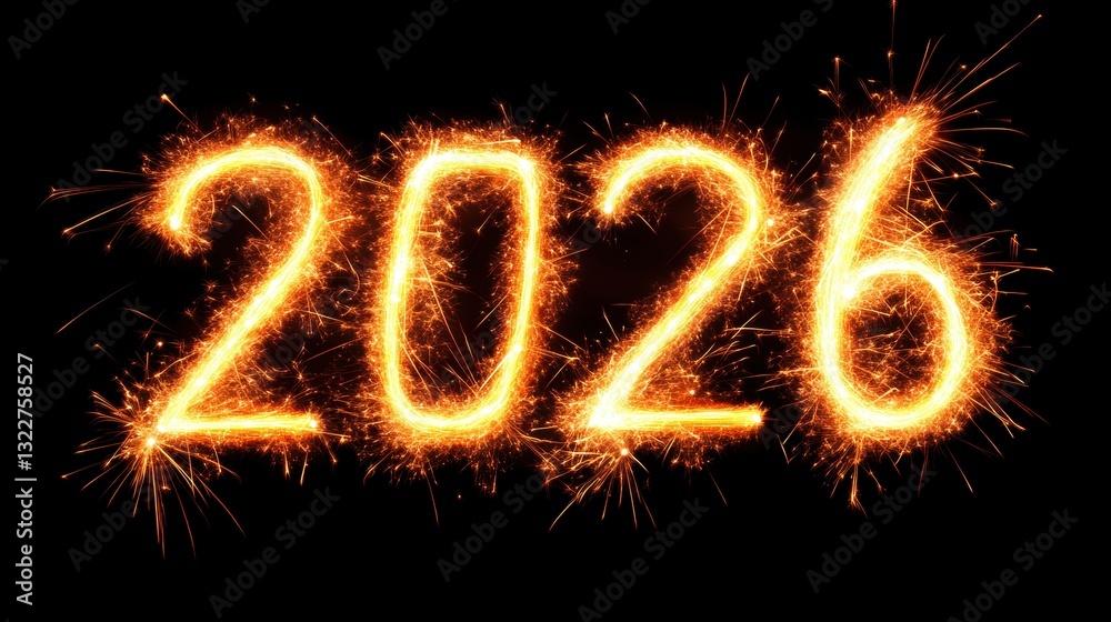 Bright fireworks illuminate the night sky, forming the numbers 2026 in sparkling light during a New Year celebration event