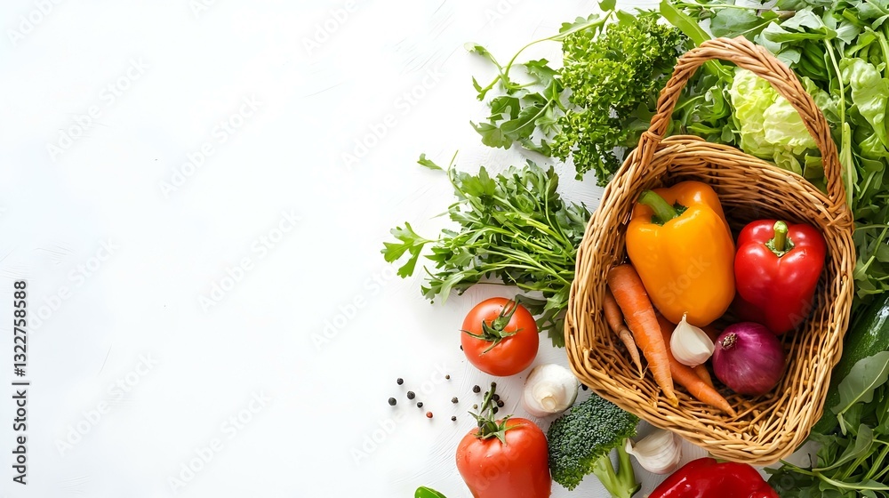 Fresh Vegetables in Wicker Basket isolated on white background