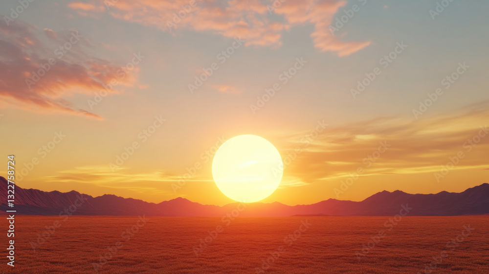 Naklejka premium stunning sunset over vast landscape, featuring large sun illuminating horizon with warm colors. scene evokes sense of tranquility and awe