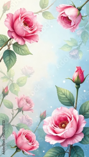 Wallpaper Mural Delicate watercolor roses & buds, soft pastel hues, romantic, elegant, green Torontodigital.ca