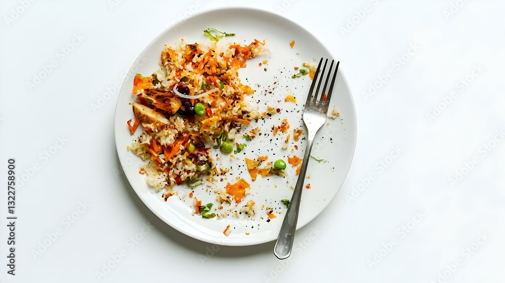 Leftover Rice and Vegetables on Plate isolated on white background