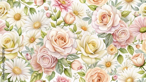 Fototapeta Naklejka Na Ścianę i Meble -  Detailed floral pattern with pastel-colored roses and daisies on a white background , abstract patterns, smooth surfaces