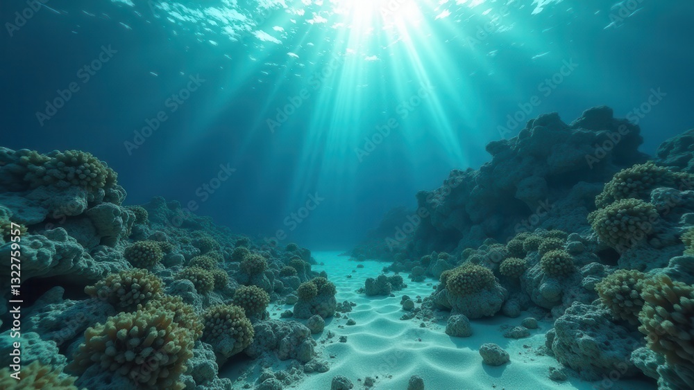 Obraz premium Sunlight shining through ocean water over a damaged and bleached coral reef 