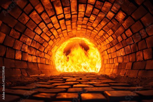 Inside modern cremation furnace, flames engulf interior, showcasing fiery tunnel of bricks. intense heat and vibrant colors evoke powerful emotional response