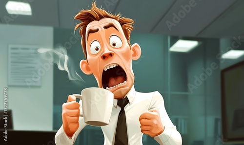 A cartoon man expressing surprise and shock with coffee mug
