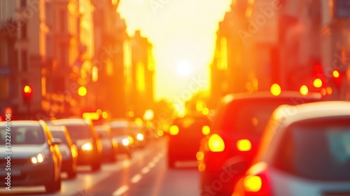 Vehicles are caught in rush hour on a busy city street as the sun sets, casting a warm glow over the scene and highlighting the evening activity