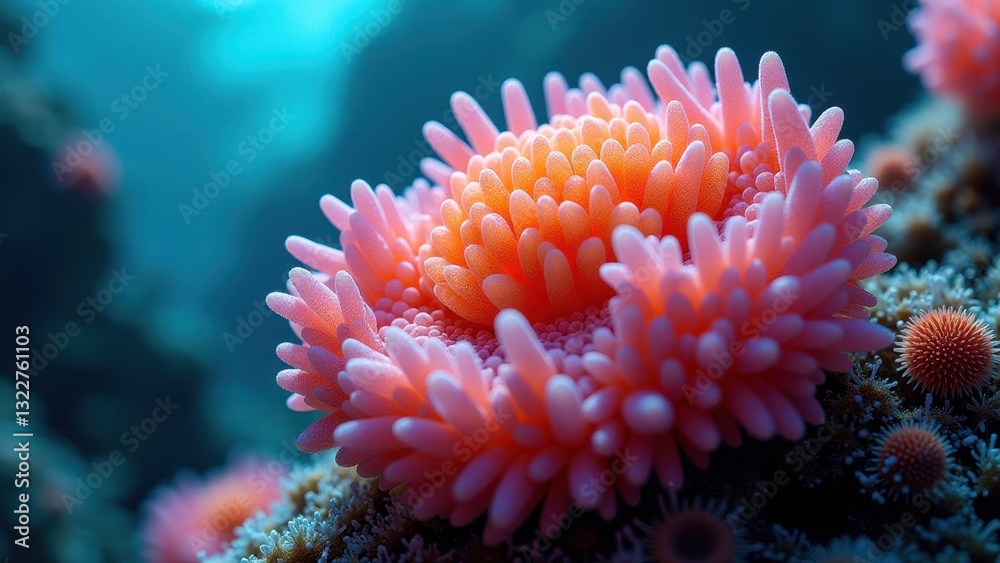 Naklejka premium Close-up of a vibrant pink sea anemone on a coral reef underwater 