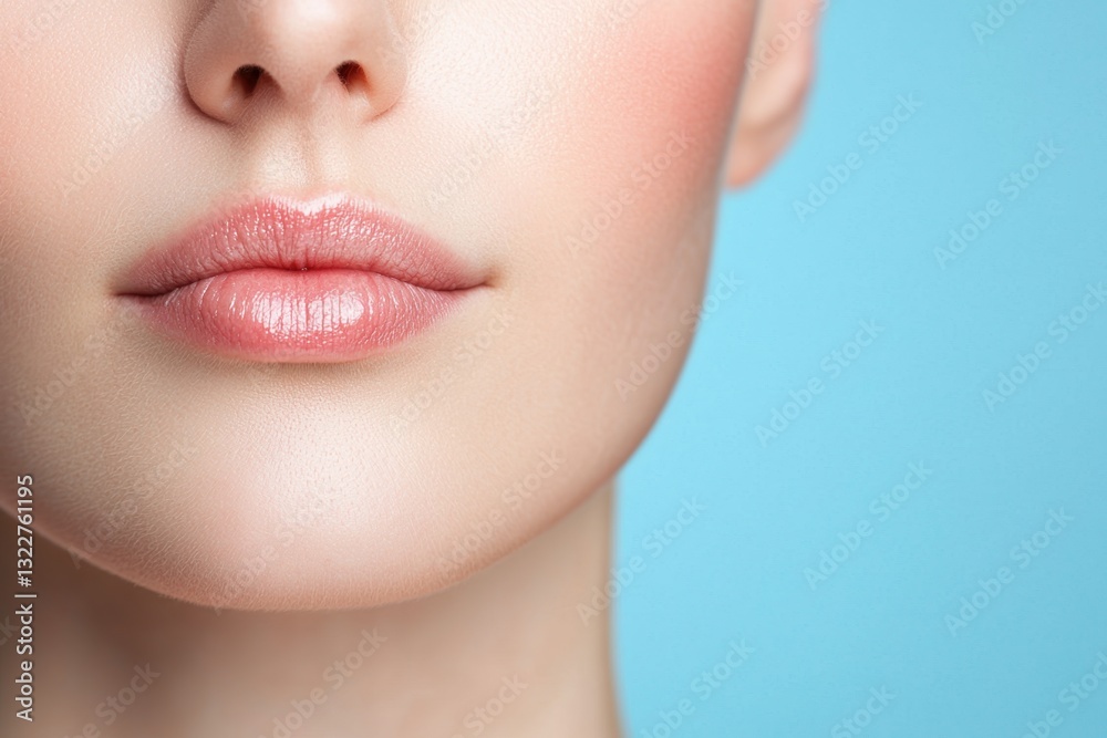 Emotional Value Feeling Concepts. Close-up of a woman's lips against a light blue background. Emotional Value Feeling Concepts. Close-up of a woman's lips against a light blue background.