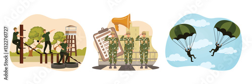Military camp and training of soldiers. Compulsory military service. Military training.