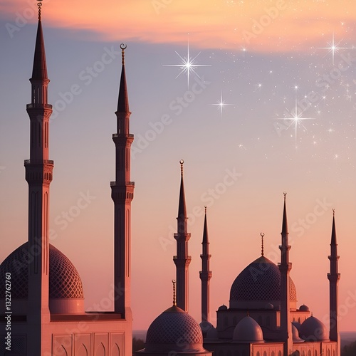 a large mosque with domes and minarets and a sky full of stars in the afternoon