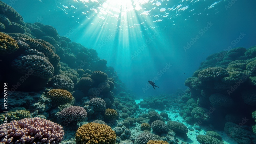 Obraz premium Sunlight shining through ocean water onto a coral reef affected by bleaching 