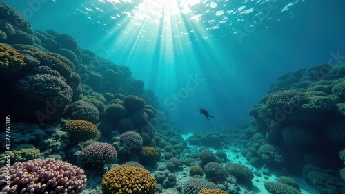 Wallpaper Mural Sunlight shining through ocean water onto a coral reef affected by bleaching	 Torontodigital.ca