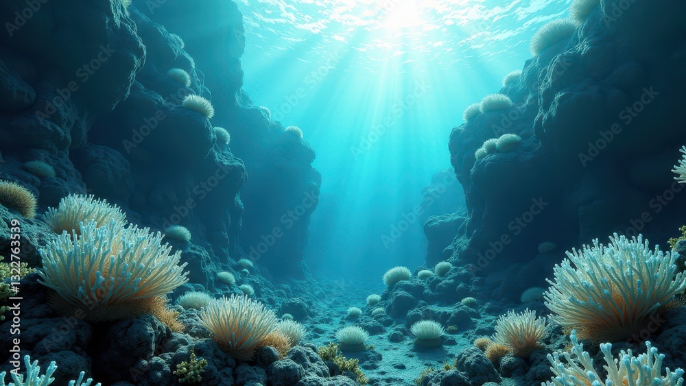 Fototapeta premium Sunlight streaming through ocean water over a coral reef affected by bleaching 