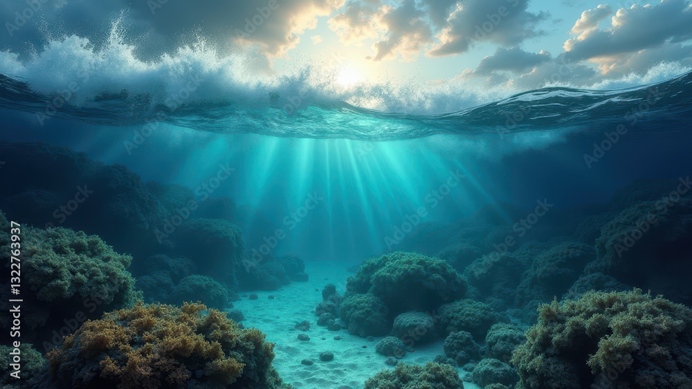 Fototapeta premium Sunlight filtering through clear ocean water over a coral reef ecosystem 
