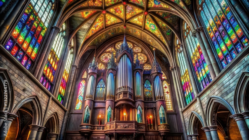 Fototapeta premium Dark Gothic Cathedral with Colorful Stained Glass Windows and a Hauntingly Beautiful Organ