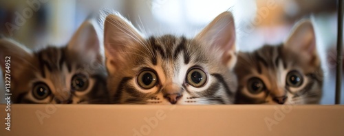 Three small adorable kittens peering over the edge of something