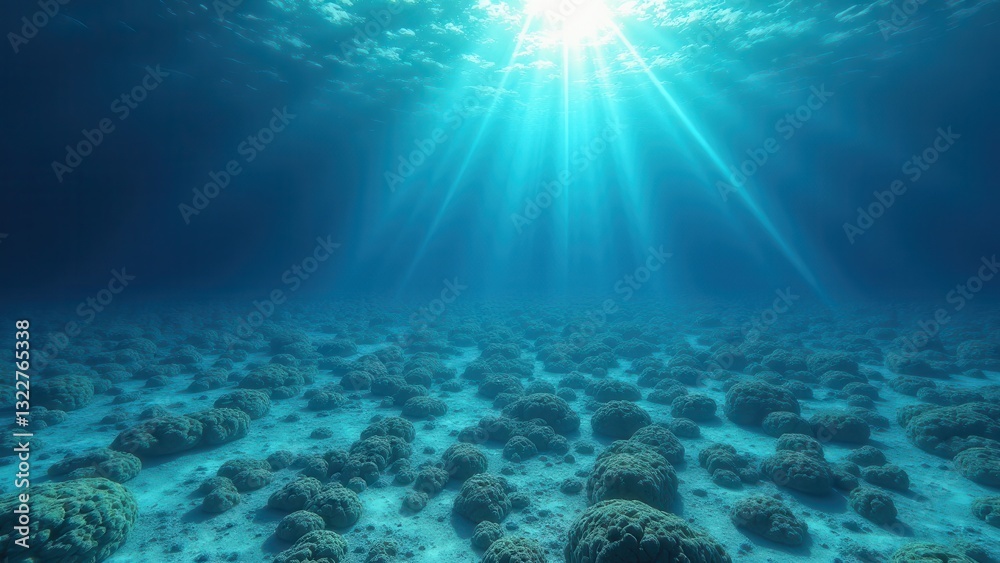 Fototapeta premium Sunlight shining through clear ocean water over a bleached coral reef 