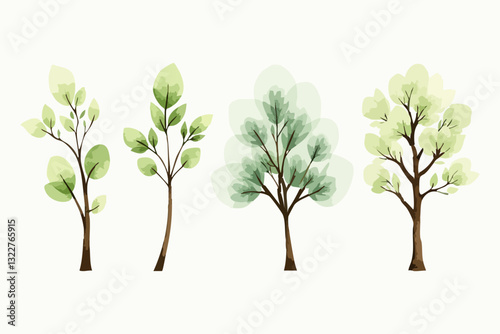 Set of Botanical watercolor green tree illustration isolated on white background for landscape and architecture drawing, elements for environment and garden, botanical for section in spring