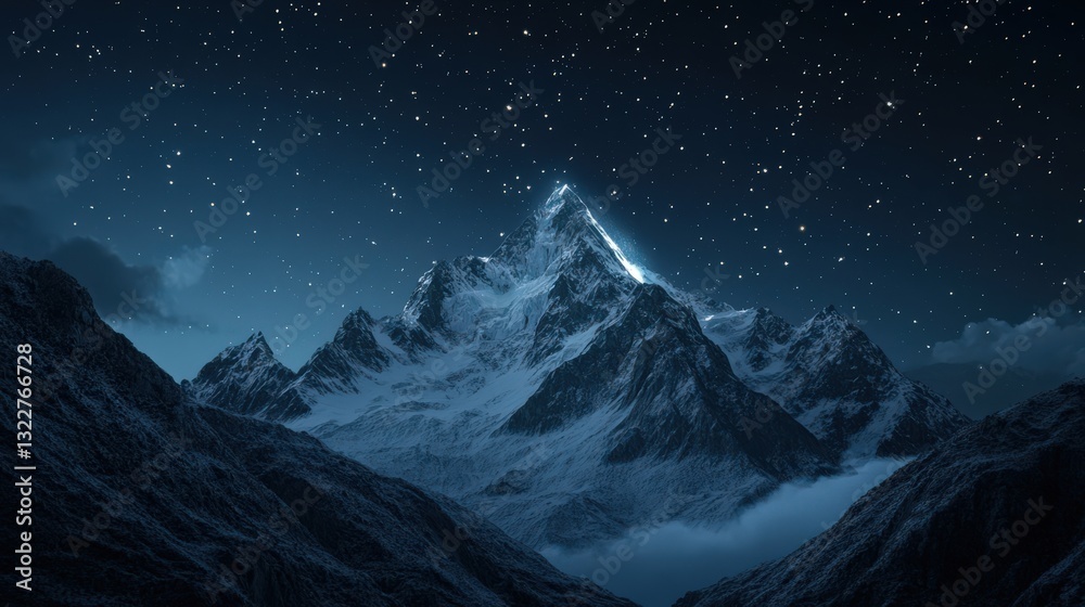 Hyperrealistic night view of the Andes mountain range with snow-capped peaks under a starry sky