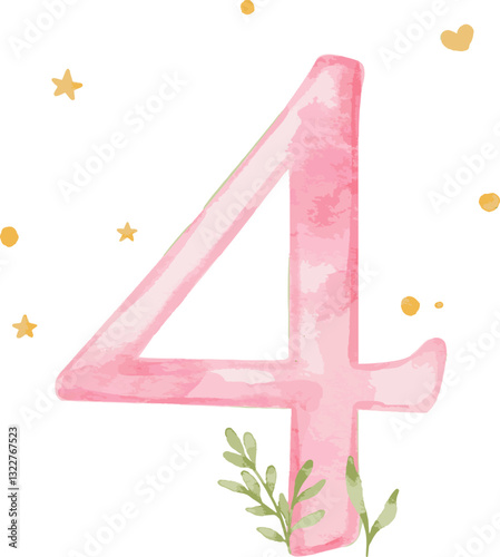 Watercolor number four with decorations. Graphic vector Perfect for birthday celebrations and anniversary designs