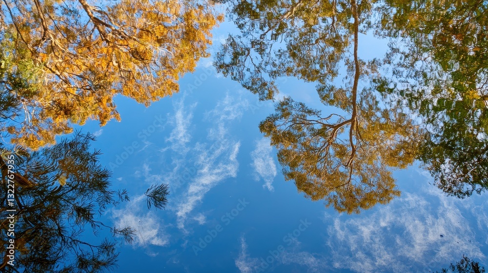 Obraz premium Tall, lush trees with vibrant green leaves stand majestically around a serene pond, their reflections shimmering on the calm water's surface, creating a picturesque woodland scene.