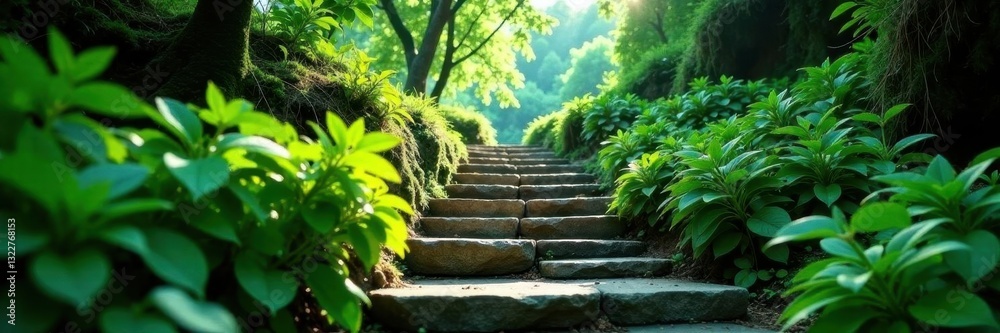 Stone steps winding down through lush green canopy, path, rocks, trail Stone steps winding down through lush green canopy, path, rocks, trail