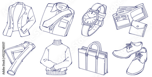 メンズビジネスファッションアイテムのイラストセット