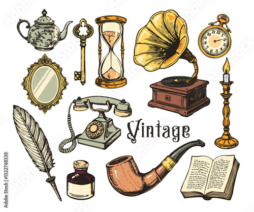 set of vintage objects, antique elements, gramophone, old book, ink and feather, candlestick, hourglass, teapot, ornate mirror, telephone, tobacco pipe, key, drawing sketch collection