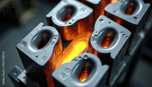 Molten Metal Pouring Into Multiple Industrial Molds For Manufacturing Process Documentation Technical Training Materials photo