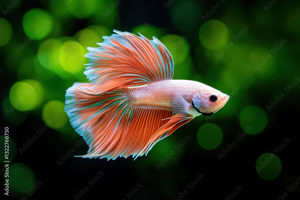 Stunning photograph of long tail betta fish swimming gracefully in vibrant green water. intricate details of its fins and colors create mesmerizing visual experience Stunning photograph of long tail betta fish swimming gracefully in vibrant green water. intricate details of its fins and colors create mesmerizing visual experience