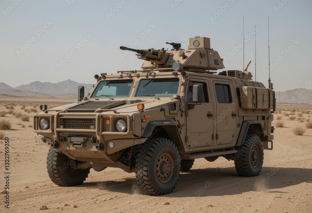 Fototapeta premium Armored Military Vehicle in Desert Landscape Under Clear Sky