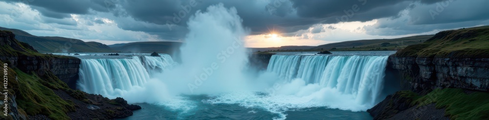 Dark storm clouds loom over Godafoss's powerful cascade , cascade, landscape Dark storm clouds loom over Godafoss's powerful cascade , cascade, landscape