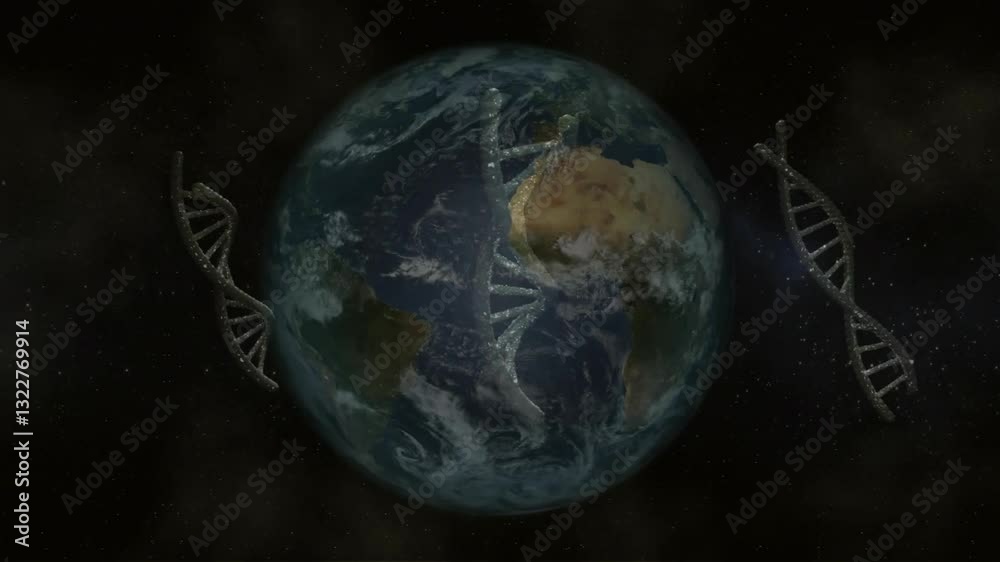 DNA strands orbiting Earth, animation symbolizing genetic connections in space