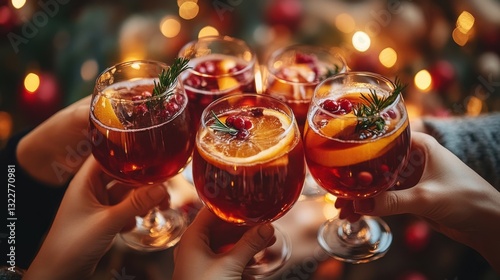 Friends clinking glasses filled with festive cranberry and orange cocktails. Warm lighting and cozy atmosphere.