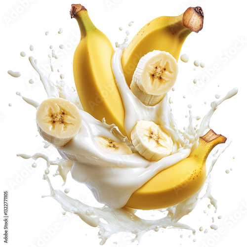 Delicious bananas splashing in milk, yogurt, or smoothie, cut out. Isolated on a transparent background. photo