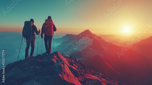 Two hikers stand on a mountain peak at sunset, taking in the breathtaking view of the vast mountain range.