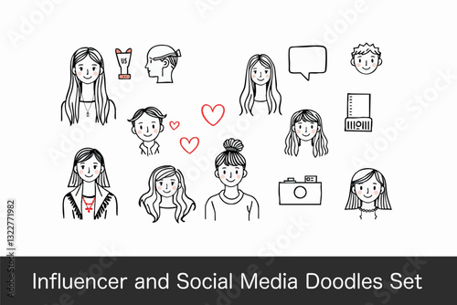 collection of influencer and social media doodles featuring various characters, expressions, and items related to digital culture, perfect for creative projects