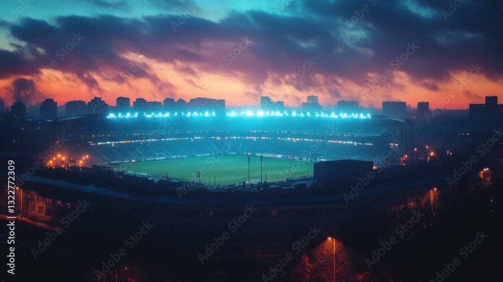 Fototapeta premium Night falls on the stadium as the lights illuminate the field, creating a vibrant contrast against the colorful twilight sky.