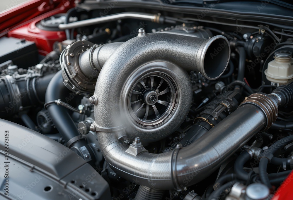 Close-Up of a Modern Turbocharger in a High-Performance Engine Close-Up of a Modern Turbocharger in a High-Performance Engine