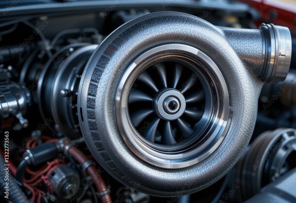 Automotive Turbocharger Close-Up with Mechanical Details and Design Automotive Turbocharger Close-Up with Mechanical Details and Design