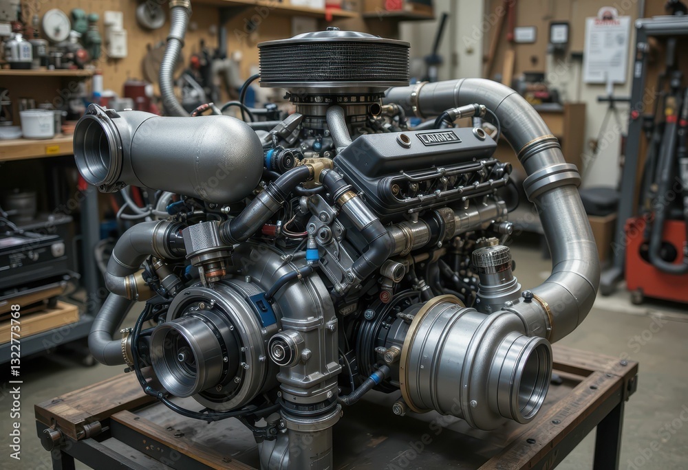 Detailed Close-up of a High-Performance Car Engine in Workshop Detailed Close-up of a High-Performance Car Engine in Workshop