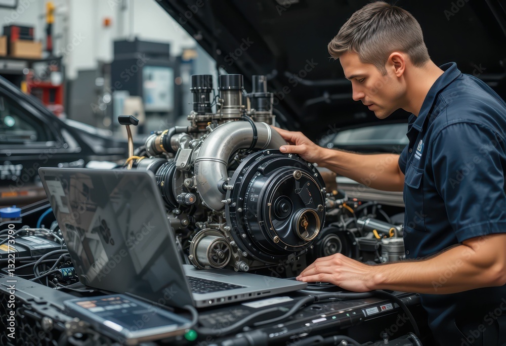 Fototapeta premium Mechanic Working on Engine with Laptop in Auto Repair Shop